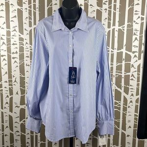 CHAPS NEW $60 Classic Fit Polished Balloon Sleeve Stretch Poplin Striped Blouse